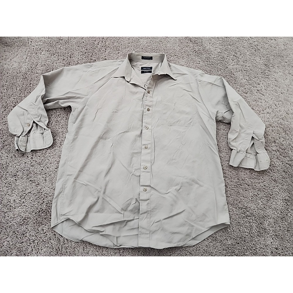 Nautica Dress Shirt Mens 17 Tan Soft Poplin Cotton Long Sleeve Business Casual